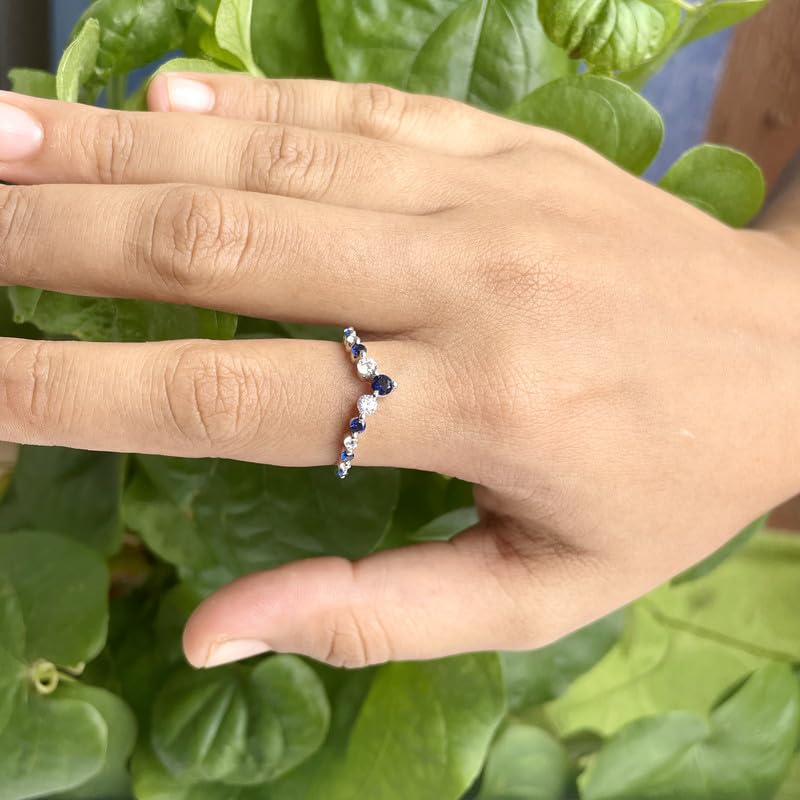 Alternate Blue Sapphire & White Diamond Chevron V Shape Wedding Band For Women, 14k White Gold Finish Blue Sapphire Matching Contour V Shape Ring4