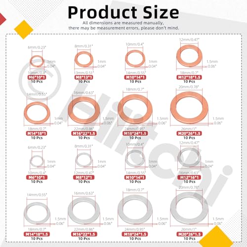 Image of Hilitchi 160Pcs 16 Sizes Oil Drain Plug Gasket Assortment, M6 M8 M10 M12 M14 M16 M18 M20 Oil Crush Washers Sealing Washers Aluminum Copper Flat Washers for Most Automotive