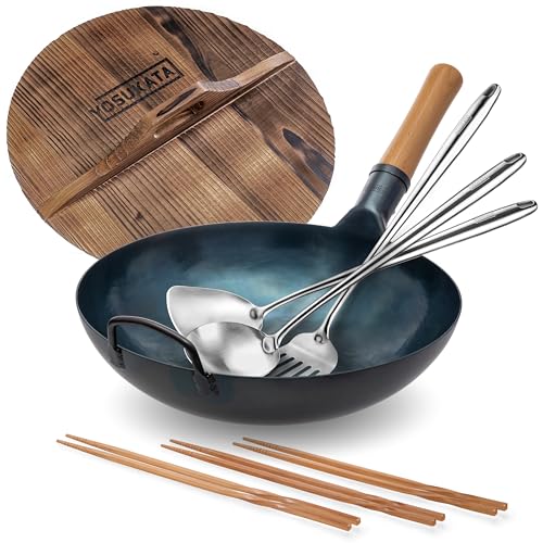 Sartén Wok de Acero al Carbono Azul 13.5 pulgadas con Accesorios