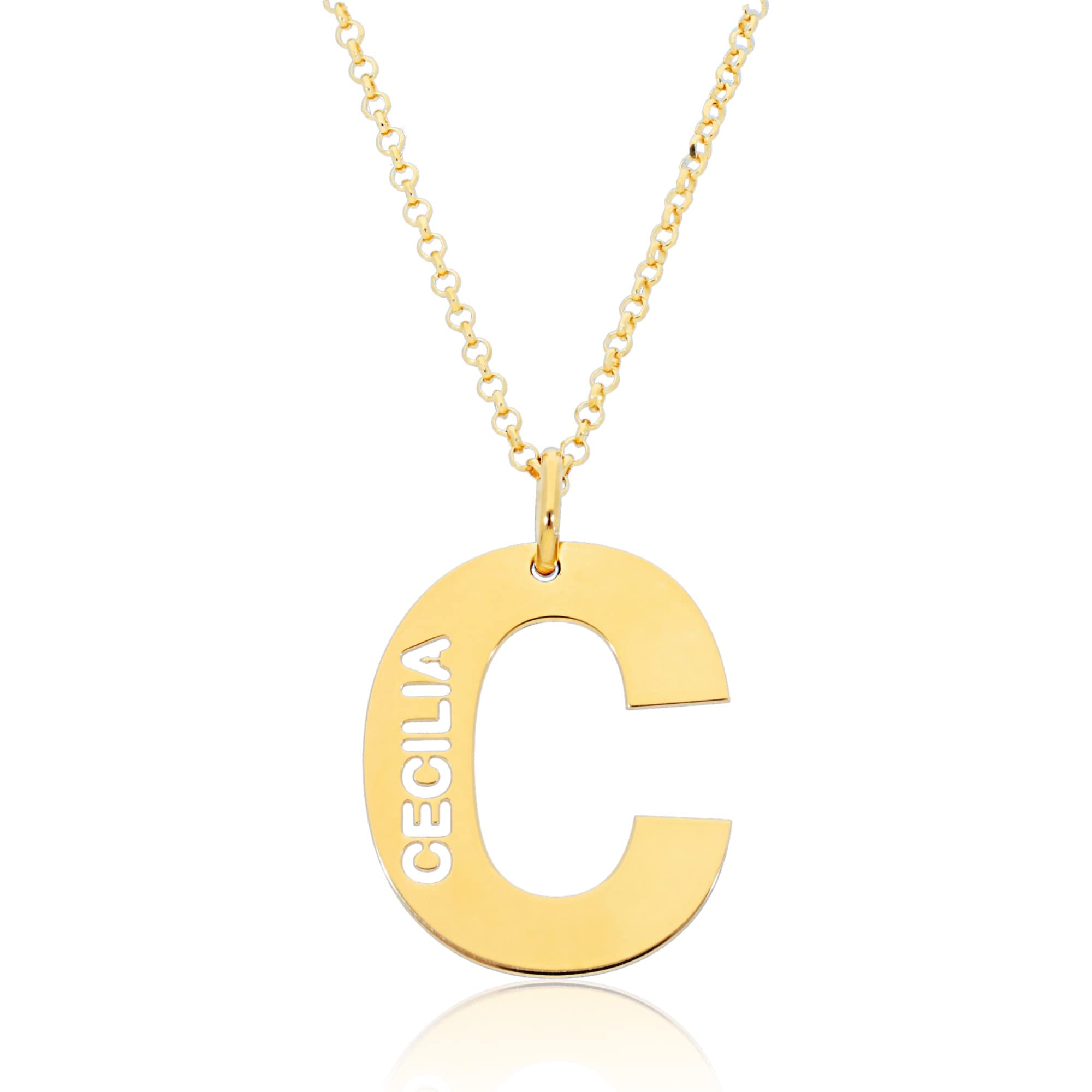 Colgante Inicial con Nombre Personalizado - Plata de Ley 925/1000 con Baño en Oro 18Kt para Mujer o Niña con Cadena Forzada en 45cm + Alargador - Collar con Letra