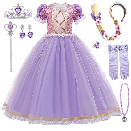 Xfozdm - Vestido de princesa rapunzel para niña, disfraz de rapunzel, para niña, con accesorios, vestido de rapunzel, para Halloween, carnaval, Navidad, cumpleaños, fiesta, cosplay, atuendos 02