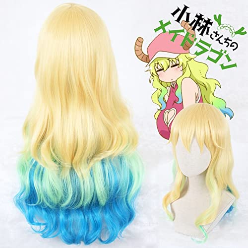 Miniatura 2 de Peluca de cosplay de Quetzalcoatl Anime Miss Kobayashi's Dragon Maid Cosplay Peluca amarilla azul largo ondulado pelo sintético Halloween juego de