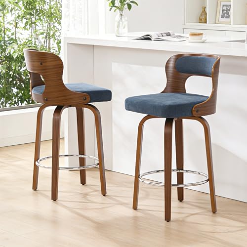 Image of Swivel Bar Stools Set of 4, 26 inch Counter Height Bar Stools, Mid-Century Modern PU Leather Modern Island Chairs with Back and Footrest, for Kitchen, Bar, Restaurant, Cafe, Blue-Gray