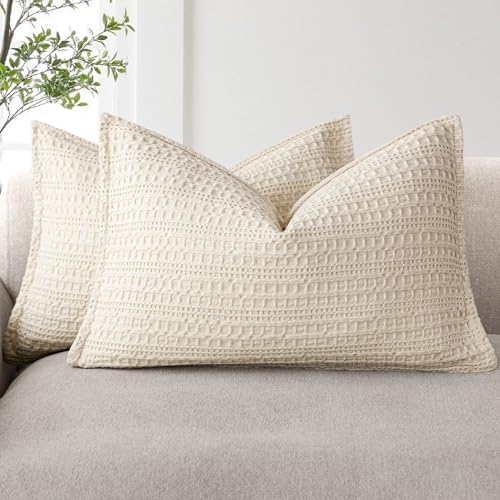 Image of Foindtower Set of 2 Decorative Cotton Waffle Weave Lumbar Throw Pillow Covers Euro Shams Cushion Covers Accent European Pillowcase For Bed Couch Bedroom Living Room Home Decor 12x20 Inch Natural Beige