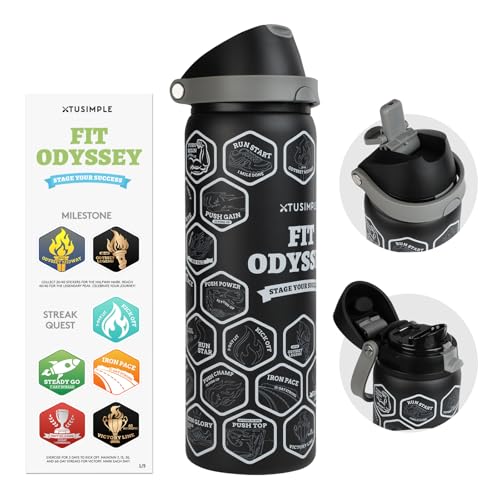 32 oz Motivational Insulated Stainless Steel Water Bottle for Sports, Gym & Travel, 2-in-1 Push-Button Spout & Quick-Flip Straw, Leak-Proof BPA-Free, Keeps Cold 30H, with DIY Fitness Stickers