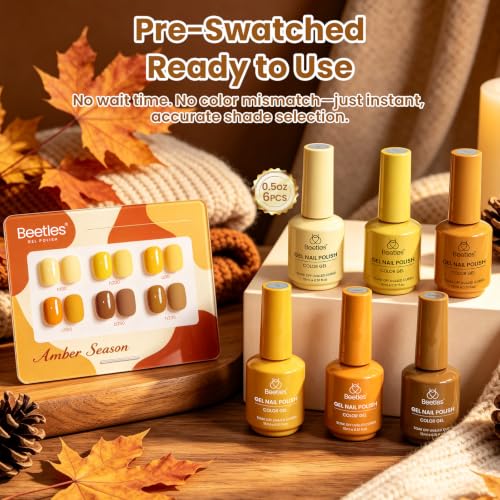 Image of Beetles Fall Gel Polish Set - Amber Season with Color Card, 6 Colors Yellow Brown Gel Nail Polish Set 15ML Full Size, Same Color Same Bottle, Long-Lasting Soak Off UV Lamp Fall Nails Art