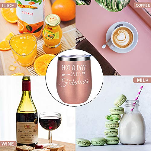 Not a Day Over Fabulous -12Oz Wine Tumbler Set Birthday Gifts for Women - Funny Mothers Day Wine Gifts for Mom, Wife, Her, Daughters, Aunts, Sister, Best Friends, BFF, Girlfriend, Coworkers(Rose Gold)