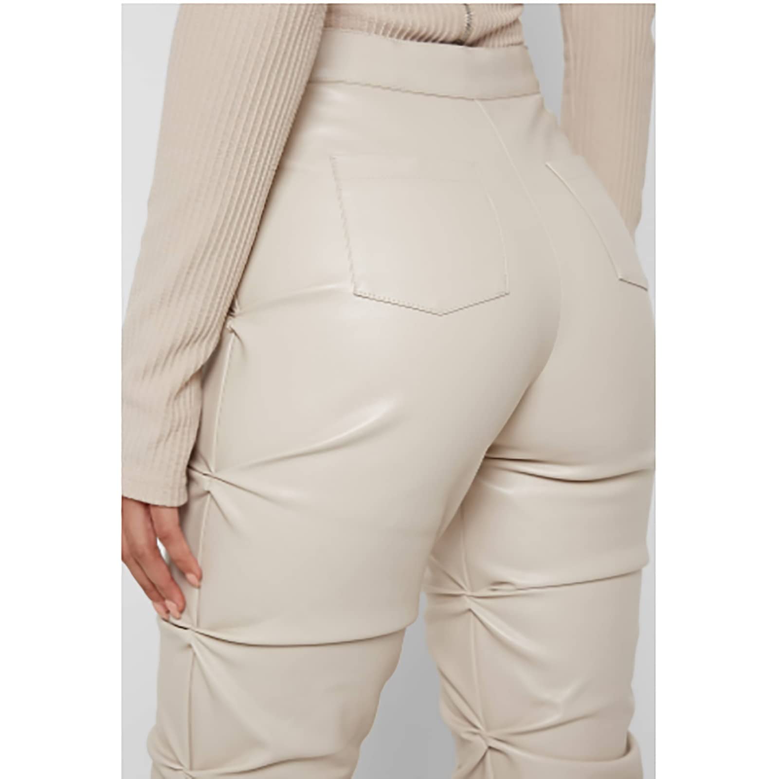 Leggings da donna in ecopelle con tasca, taglie forti, per ragazze, vita alta, pantaloni tubolari, bianco, M