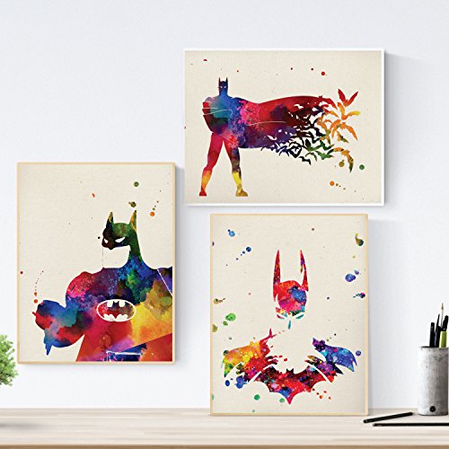 NACNIC Ensemble de trois cadres Batman. Pack d'affiches Batman dans un style aquarelle. Impressions du film ' The Dark Knight' Le Chevalier Noir. Format A3, sans cadre.