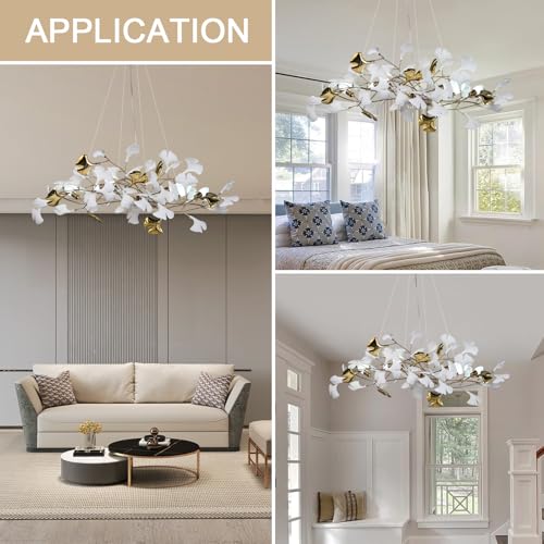 Image of Modern Tree Branch Chandelier for Dining Room, L39inch Ginkgo Leaf Chandeliers Brass Rectangle Chandelier Large Luxury Hanging Lights Fixture for Living Room Kitchen Island, 5-Light