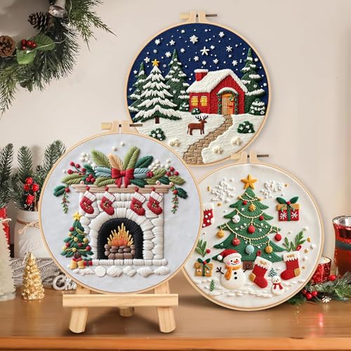Image of LB Christmas Embroidery Kit for Beginners Adults, 3 Sets Hand Embroidery Starter Kit with Fireplace Pattern and Instructions Stamped Cross Stitch Kits Include Embroidery Hoop Needles Threads Scissors