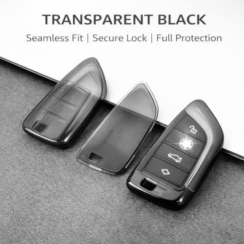 Image of JVCV Soft TPU Cover Compatible with BMW X1, X3, X6, X5, 5 Series, 6 Series, 7 Series 4 Button Blade Smart Key | Scratch-Resistant Protective Case (Combo - Matte Black & Transparent)
