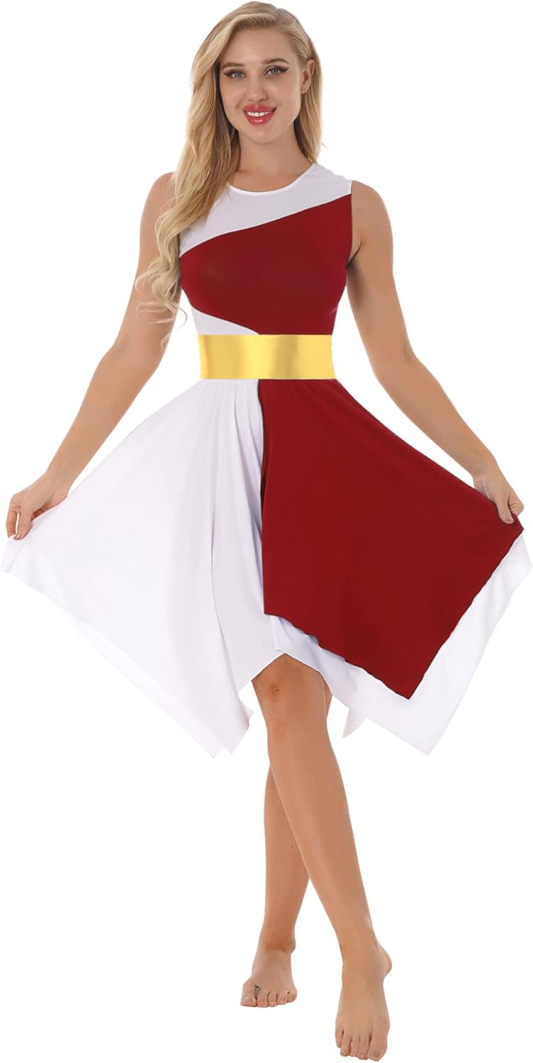 ACSUSS Women Metallic Liturgical Praise Dance Dress Tunic Lyrical Dancewear Color Block Church Worship Costume