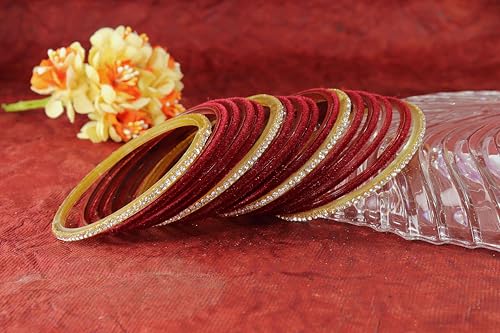 Image of NMII Fancy Glass Golden Zircon Diamond Stone & Velvet Finish Plain Bangles Set For Women & Girls | Glass Velvet Bangles | Kanch ki Chudiyan | Girl's Bangles Bracelet | Fashion Jewellery- Set of 32