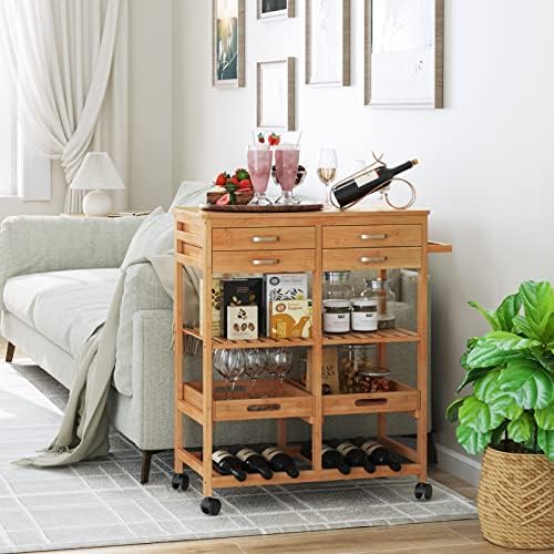 FOREHILL Kitchen Trolley on Wheels Bamboo Kitchen Island Rolling Cart with Workstop and Storage, 4 Drawers, 6 Bottles Wine Rack, 2 Removable Tray 66x36x80.5cm