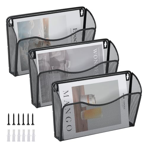 JEBELE 3er Pack Hängender Wandaktenhalter A4 Organizer Wandhalter Aktenablage Zeitschriftenaufbewahrung Dokumentenhalter Wandaktentaschen für Büro und Zuhause,Metall,Schwarz