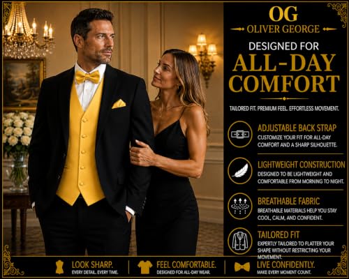 Image of Oliver George 4pc Men's Solid Formal Suit Waistcoat Tuxedo Dress Vest Necktie Bowtie Handkerchief Set for Suit or Tuxedo
