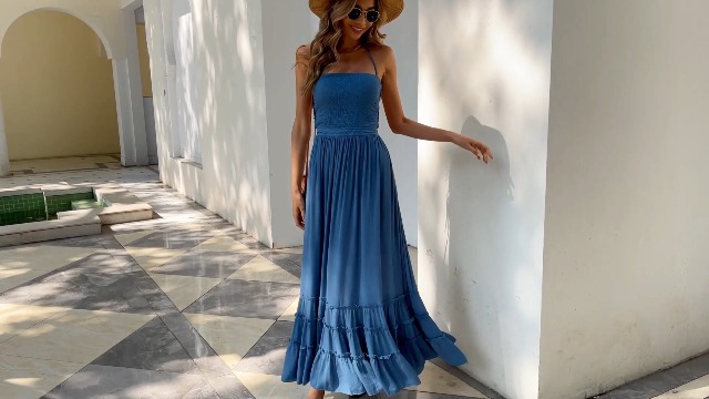 boho halter dress R.Vivimos Women Summer Neck Backless Maxi Dress(S,Apricot) COLOR:Dusty Periwinkle *aq0007ae* inspired print Rayon synthetic Women's Vacation & Resort