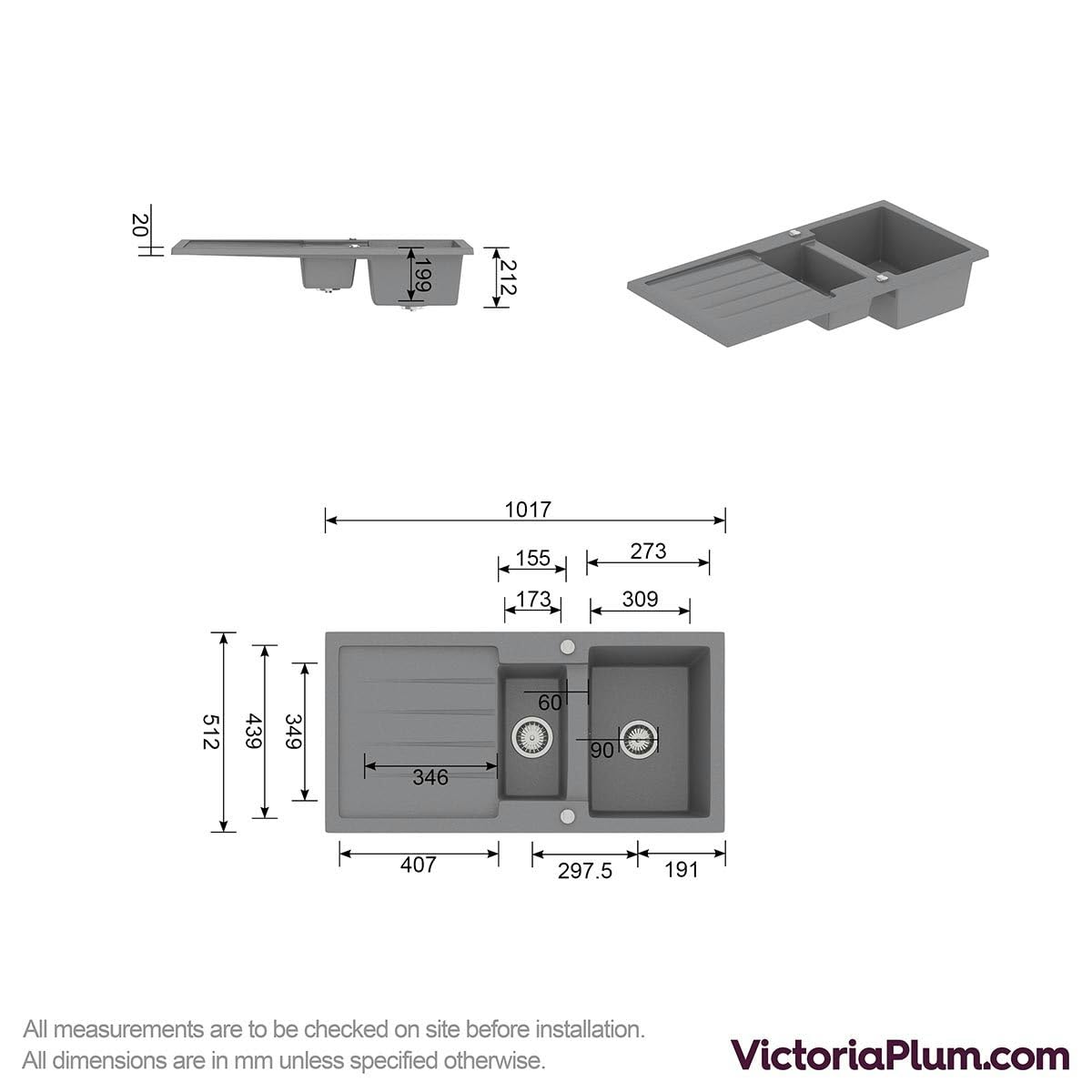 Schon Roseto Cobblestone Grey 1.5 Bowl Reversible Kitchen Sink