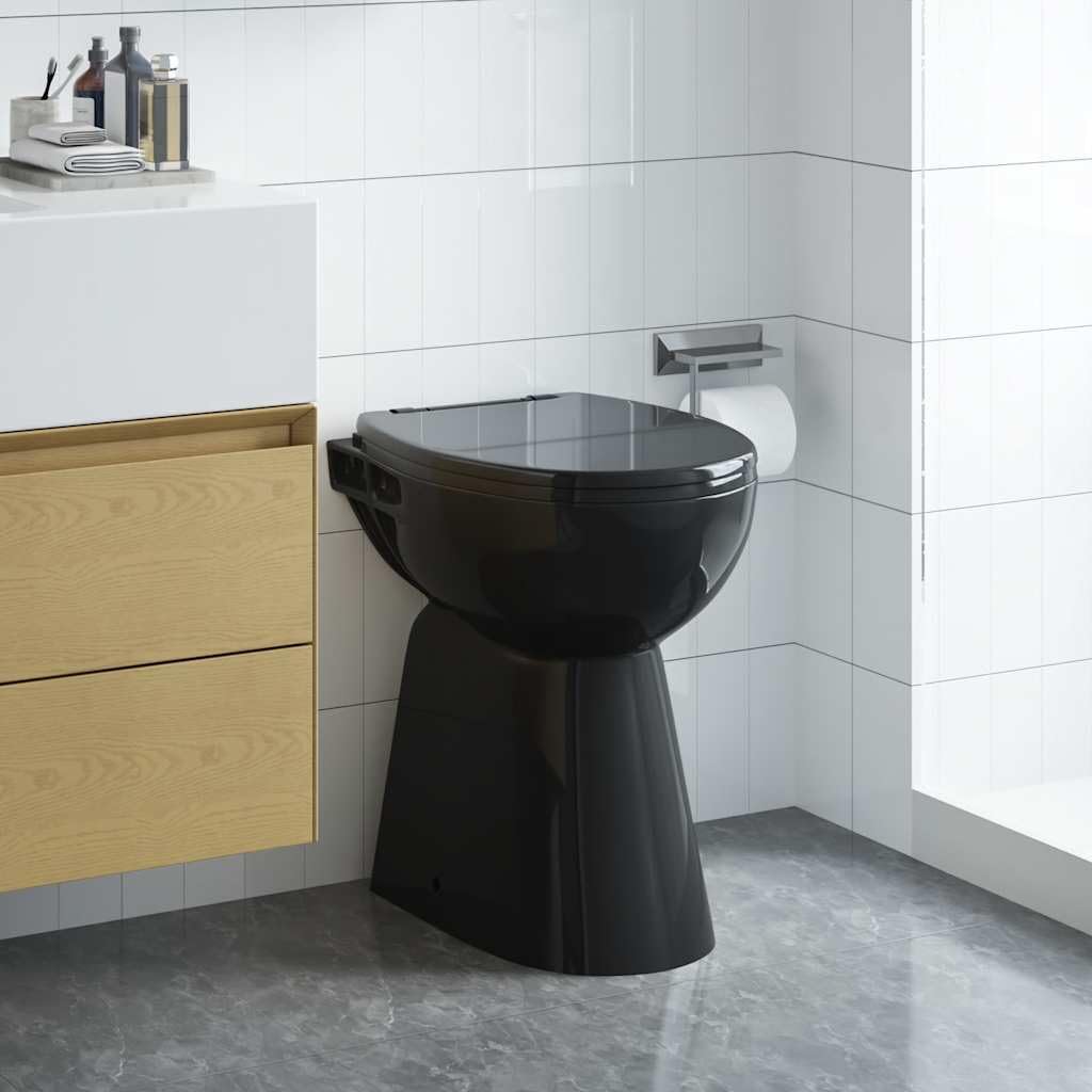 Schwarzes Stand-WC Randlos mit Soft-Close Sitz, Erhöhtes WC +7 cm für Seniorengerechte Ergonomie, Keramik Toilette Modernes Design