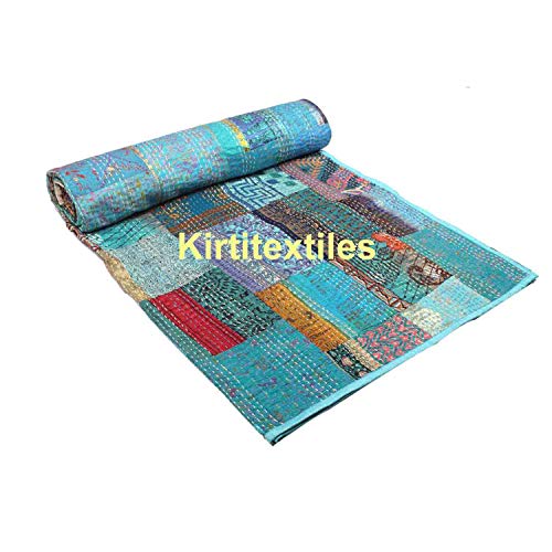 Image of Silk Hand Made Design Kantha Quilt Blanket, Bed Cover, Bedspread (Size 90X 108) - Multicolour