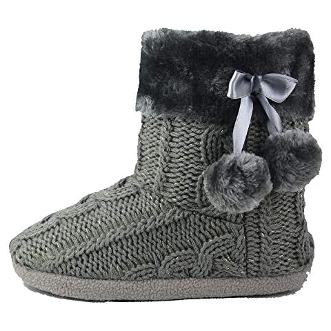 AIREE FAIREE Slippers Women Ladies Indoor Slipper Boots with Knitted Upper and Pom Poms (Medium(UK5-6), Grey) Cover