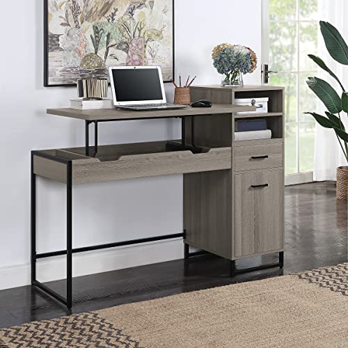 Image of OSP Home Furnishings Hagney Lane Worksmart Sit-to-Stand Desk with 3 Adjustable Positions and Extra Shelves, Farm Oak