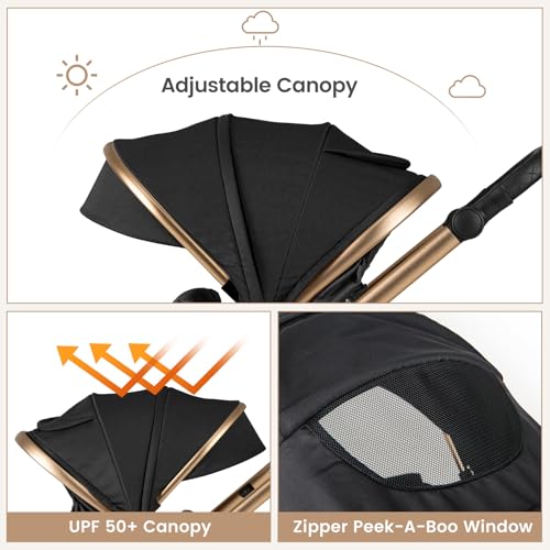 Image of INFANS 2 in 1 Baby Stroller, Folding Newborn Pram Convertible Stroller Bassinet for Infant Foldable High Landscape Shock Absorption with Reversible Seat Aluminum Structure for Pushchair