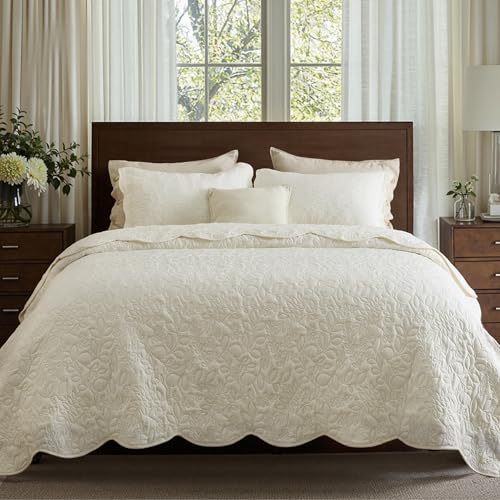 Image of Bedsure Quilts Queen Size - Ultra Soft Pre-Washed Cloud-Like Bedding, All-Season Lightweight Comforter for Country Bedroom, Leaf Design Coverlet in Cream Yellow, 90 x 96 Inches