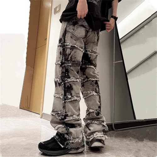 Men Tie Dye Y2K Baggy Stacked Jeans Pants Clothing Straight Vintage gray9 Long Trousers3