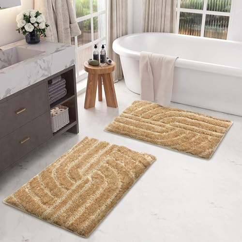 Image of Luxe Home Super Soft Microfiber Bath Mats Non-Slip TPR Backing Scotland Maze Cut Water Soak Bathroom Mat & Door Mats for Home Combo (38x58 cm) - Gold