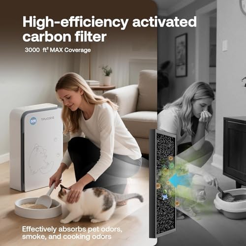 Image of Trucozie Large Pet Air Purifier for Home up to 3000 Ft, Absorbs Floating Cat and Dog Hair, Smart WiFi, 3-in-1 Filter with Anion, Activated Carbon & HEPA for Pet Allergies, Smoke, Dust, White