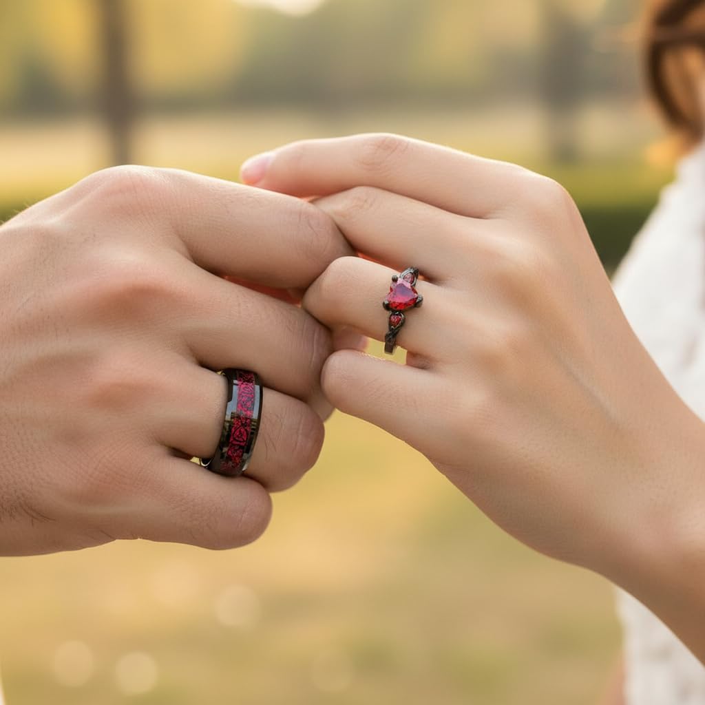 Custom Couple Rings Tungsten Matching Promise Rings for Him and Her Red and Black Wedding Rings for Couples Set Personalized Heart CZ Engagement Rings