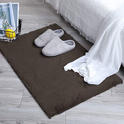 Image of Luxe Home Rabbit Fur Soild Bath Mat Super Soft, Anti-Slip, Washable, Rectangle, for Bathroom Door Mate, Bedroom Door Mats (Cocoa, 45x75 cm)