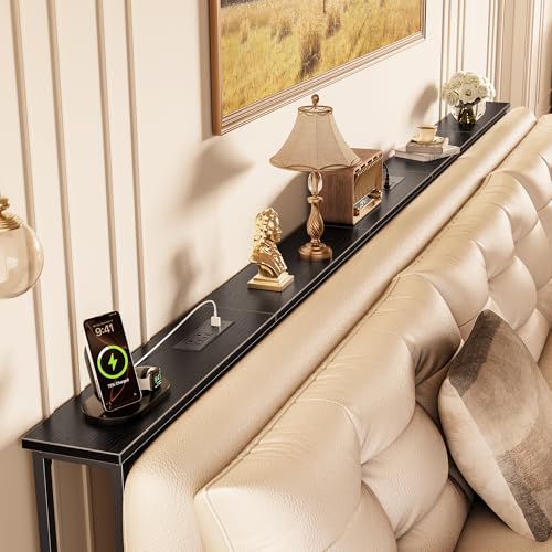 Image of Huuger 110 Inch Sofa Table with Power Outlets, Skinny Behind Couch Table