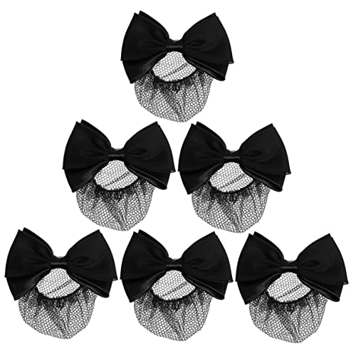 TOVINANNA 6個黒色弾性ヘアネット お団子カバー バレエ髪飾り 女性用 職場向け 細かいメッシュとリボンデザイン 留袖 髪飾りとしても ステュワーデス対応