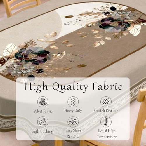 Image of Cloth Fusion Velvet Floral Oval Shape Dining Table Cover Cloth 6 Seater with Stunning Gold Foil Design for Home Decor (60x90 Inch, Taupe)
