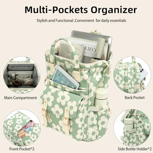 Image of Corduroy Laptop Backpack for Women 15.6 Inch Stylish College School Bookbag, Business Work & Travel Computer Backpacks (Flowers Green)
