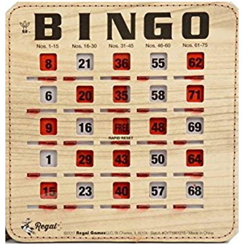 Regal Games Extra Thick Stitched Woodgrain Quick Clear Rapid Reset Shutter Bingo Cards with Big Tabs, Single Card