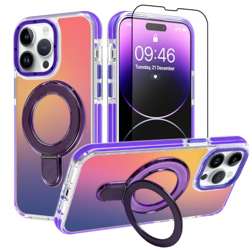 Image of Magnetic for iPhone 14 Pro Case with Stand [Compatible with Magsafe] [Cute Fashion Fluorescent Design] [1 Screen Protector] Slim Translucent Matte Case for iPhone 14 Pro 6.1 inch 2022, Purple