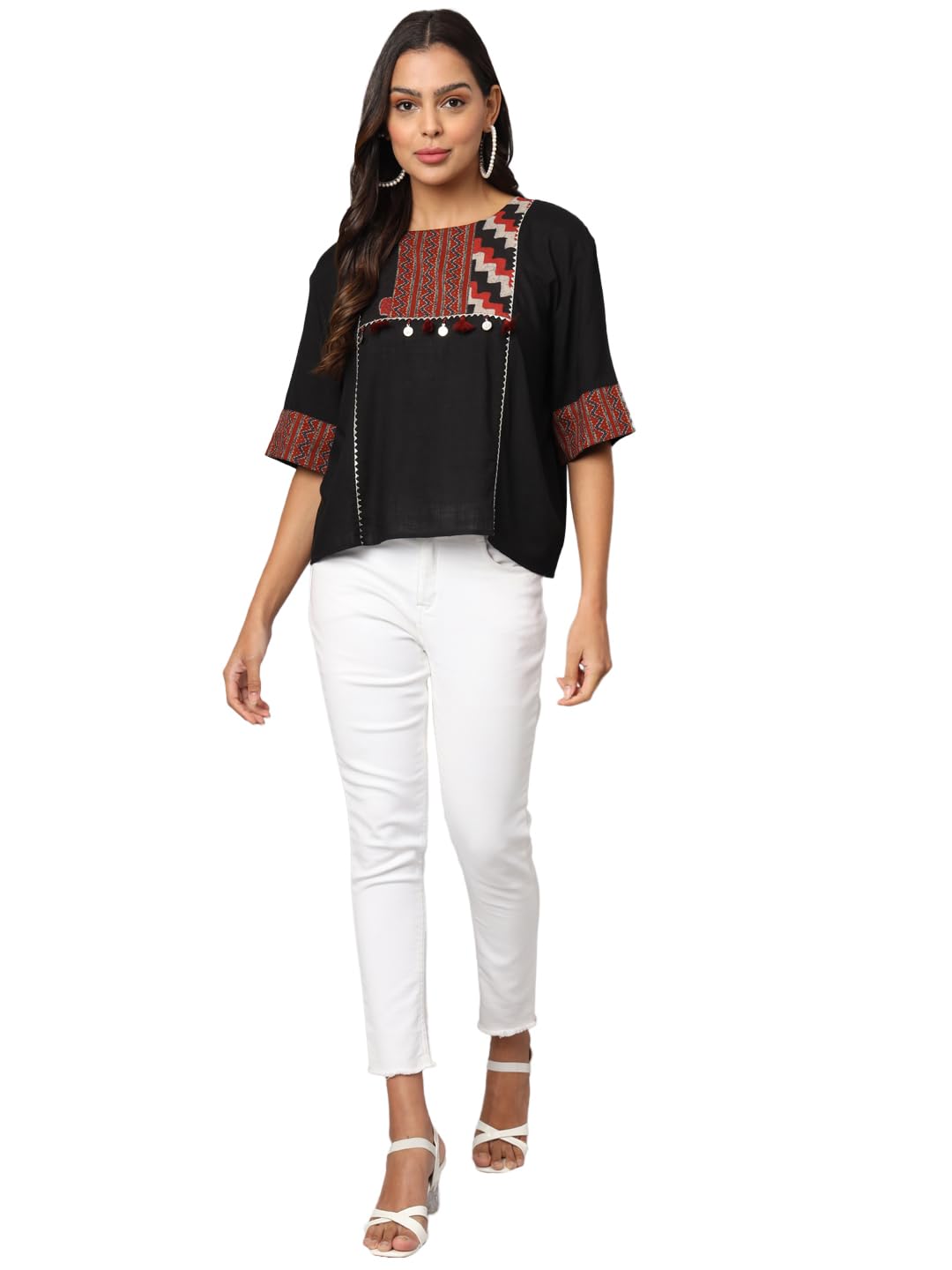 fabric fitoor Women's Rayon Solid Black Color Ajrakh Print Yoke with Embellishments Loose Crop Top-picture-34