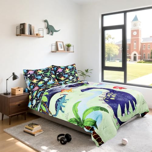 Image of Boys Twin Bedding Set, Dinosaur Twin Comforter Set for Boys Kids Bedding Set with 1 x Reversible Comforter, 1 x Fat Sheet, 1 x Fitted Sheet, 2 Pillowcases, Dinosaur