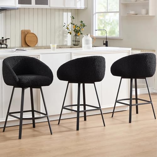 Image of Zesthouse 26'' Modern Counter Height Bar Stools Set of 3, Swivel Barstools with Arms & Backs for Kitchen Counter, Upholstered Black Sherpa Fabric Bar Stools, Kitchen Island Chairs with Metal Legs