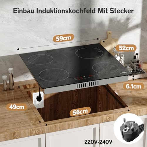 Karinear Induktionskochfeld 60 cm 4 Platten, Einbau Kochfeld Induktion mit Stecker, 3500W 9 Leistungsstufe, Timer, Kindersicherung, Automatische Abschaltung, 220-240V