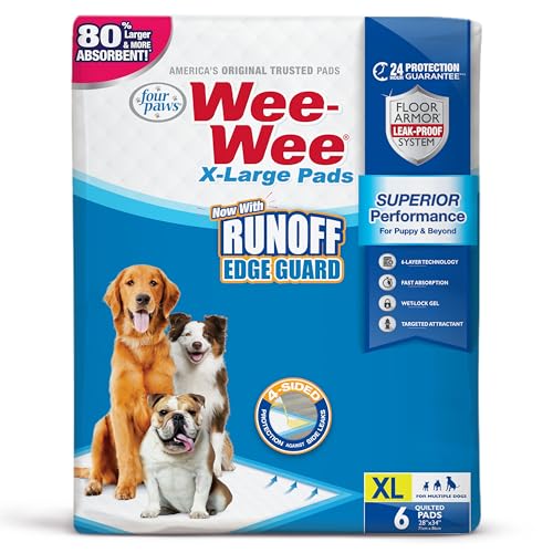 Image of Four Paws Wee-Wee Superior Performance Pee Pads for Dogs with Runoff Barrier Edge Guard Protection, Puppy & Dog Potty Training Pads, Housebreaking Supplies, 28 inch x 34 inch (6 Count)