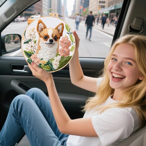 Image of FONNUY Chihuahua Dog Floral Embroidery Kit, Cross Stitch Kits for Beginners, Handmade Crafts with Printed Patterns for Beginner Adults, Easy to Follow Color Thread Needlework, 8'' Hoop (Loyal Dog)