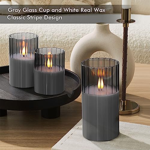 Image of Rhytsing Smoked Ribbed Glass Battery Operated LED Candles with Remote, Flameless Candle with Timer Gift Set for Home Decor, Warm White Lights- Include 6 Batteries - Set of 3