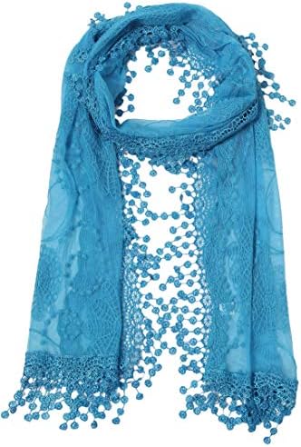 Cindy and Wendy Lightweight Soft Leaf Lace Fringes Scarf shawl for Women (Blue)