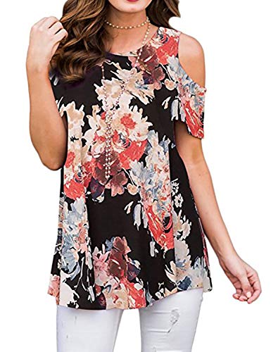 Luranee Work Shirts for Women, Ladies Dressy Tops Career Blouses Fancy Cold Shoulder Clothes Fantatic Chic Breathable Soft Nice Beach Wear Hawaiian Shirt Black XL