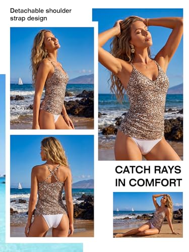 Image of RELELCIGA Women's Tankini Top V Neck Ruched Tummy Control Bathing Suit Top